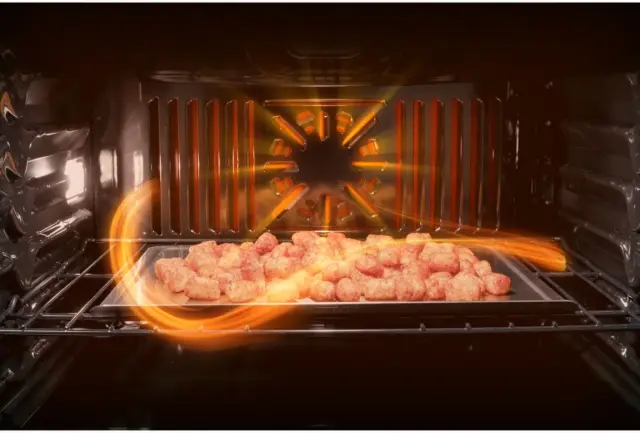 Front view of the inside of a GE Profile convection oven